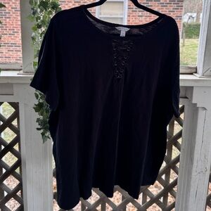 BOUTIQUE + Black Lace Up Tie V Neck T-Shirt Tee Blouse